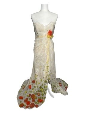 Vintage Sam Carlin Strapless Lace High Low Dress With Polka Dot Organza Overlay